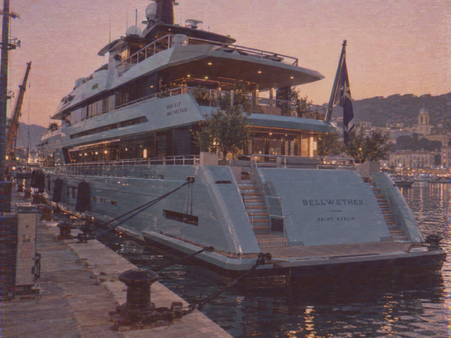 Bellwether berthed in Port Caligo at dusk